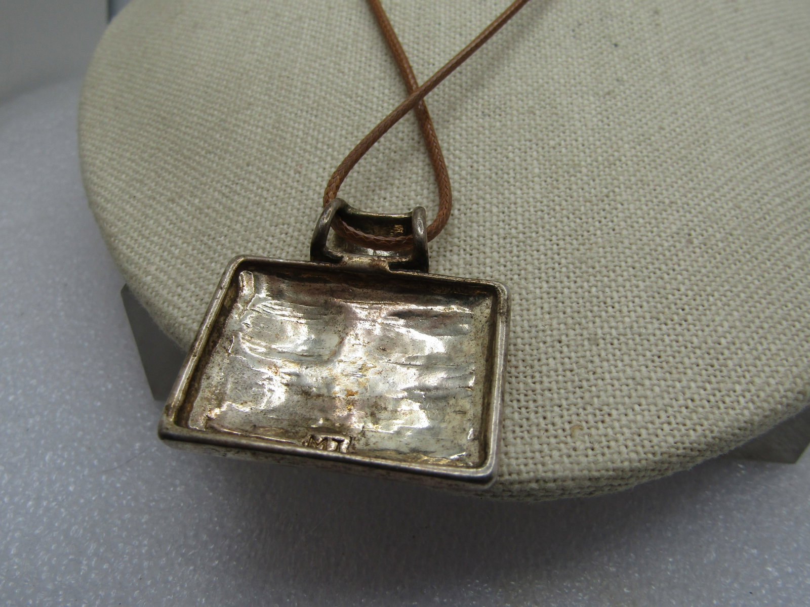 Vintage Enameled Orange and Brown Pendant Necklace, Signed MJ, 1990's - 5