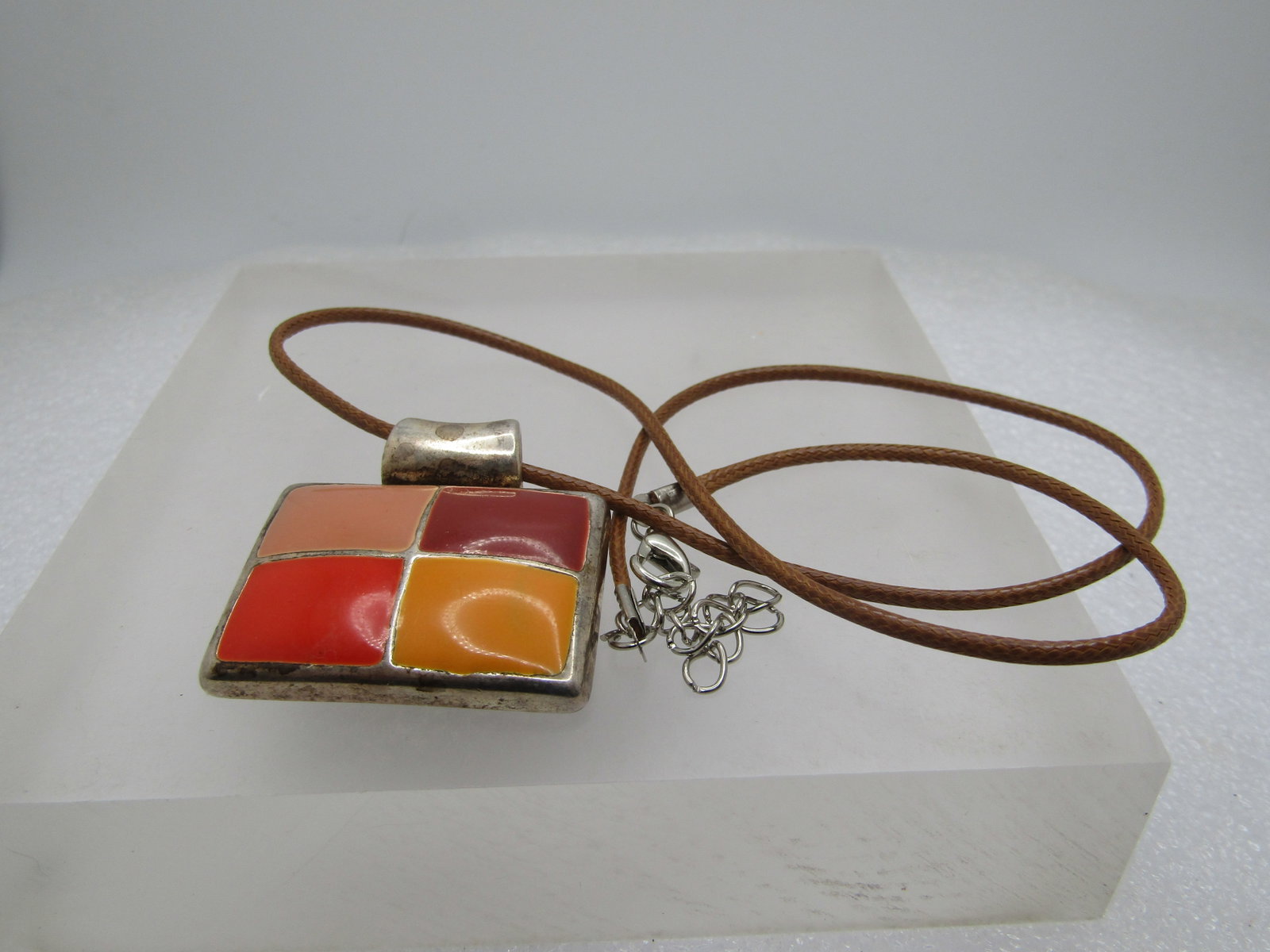 Vintage Enameled Orange and Brown Pendant Necklace, Signed MJ, 1990's - 6