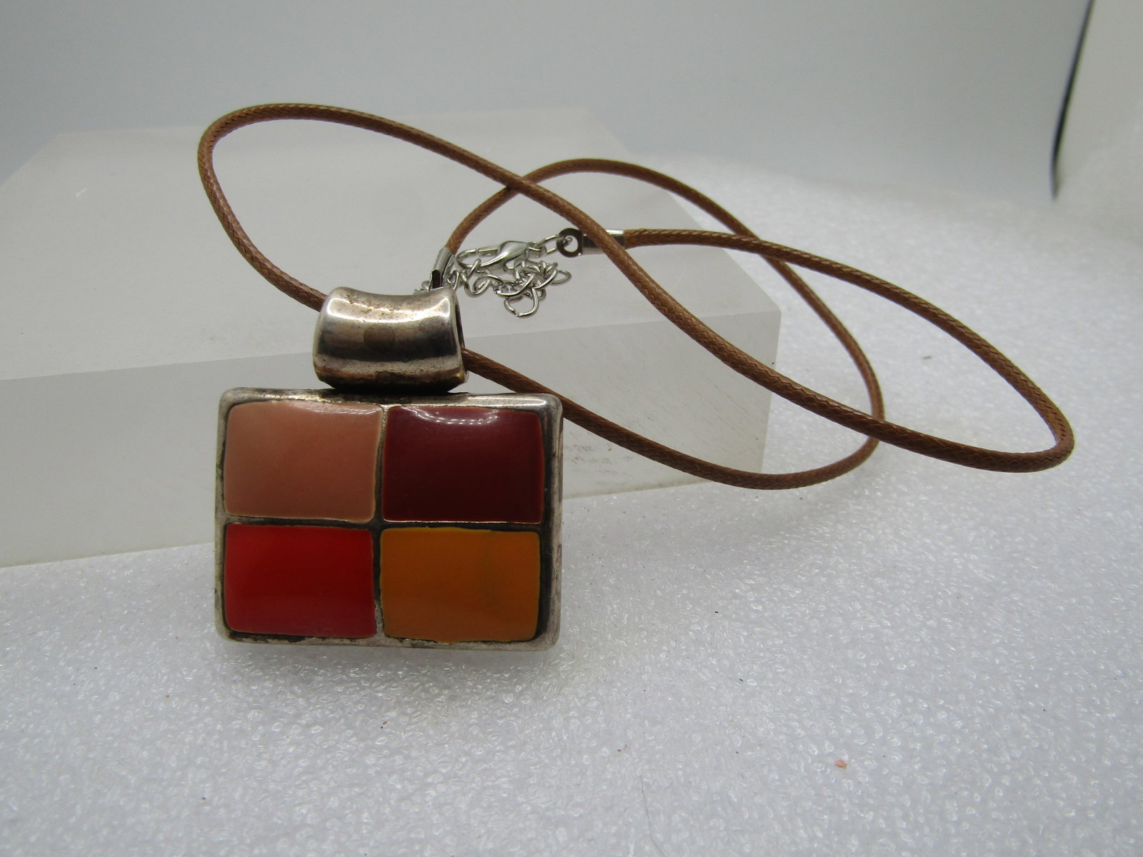 Vintage Enameled Orange and Brown Pendant Necklace, Signed MJ, 1990's - 7
