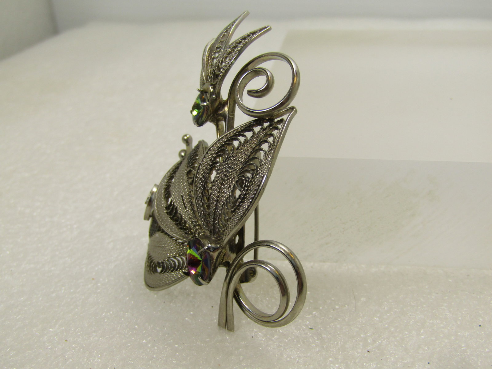 Vintage Silver Tone Filigree Leaf Brooch AB Rhinestones, 1960's-1970's - 2