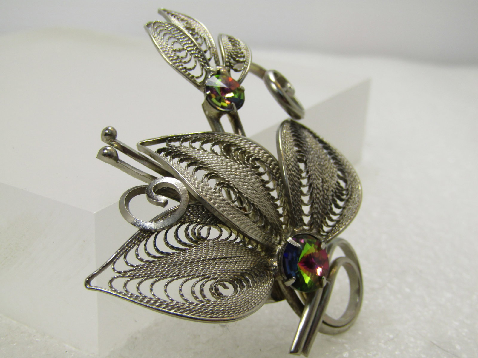 Vintage Silver Tone Filigree Leaf Brooch AB Rhinestones, 1960's-1970's - 3