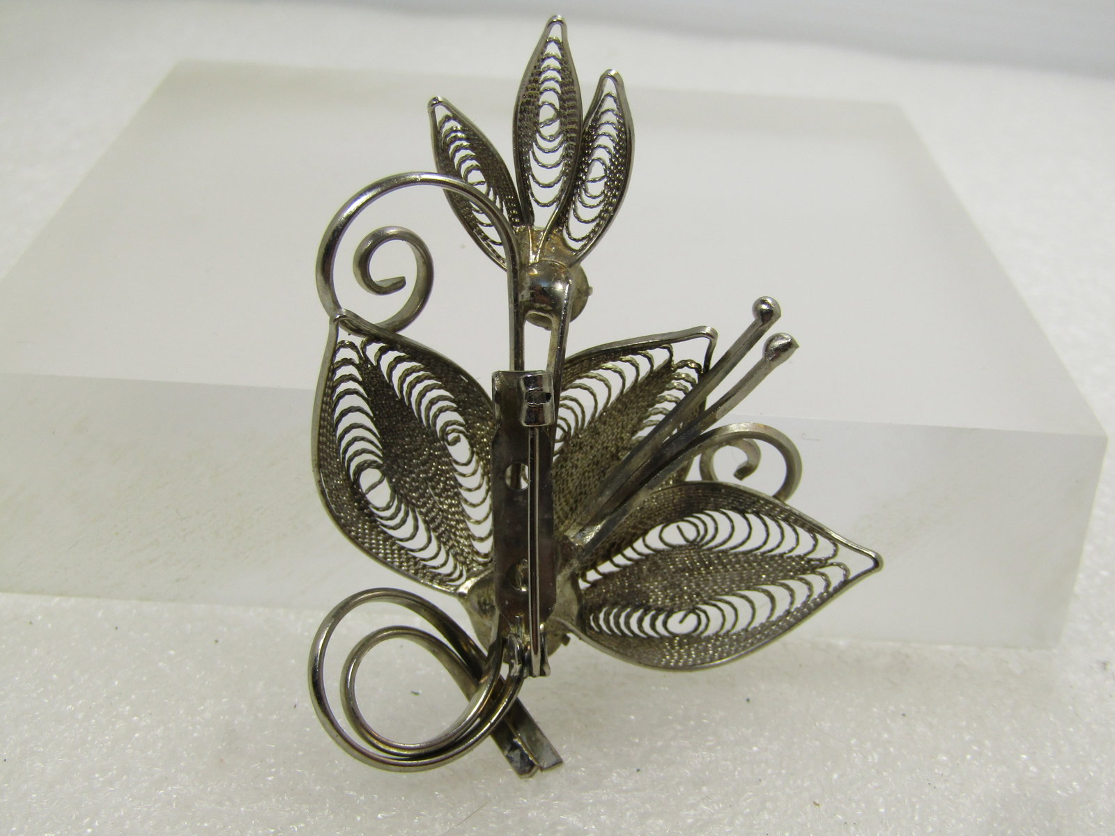 Vintage Silver Tone Filigree Leaf Brooch AB Rhinestones, 1960's-1970's - 4
