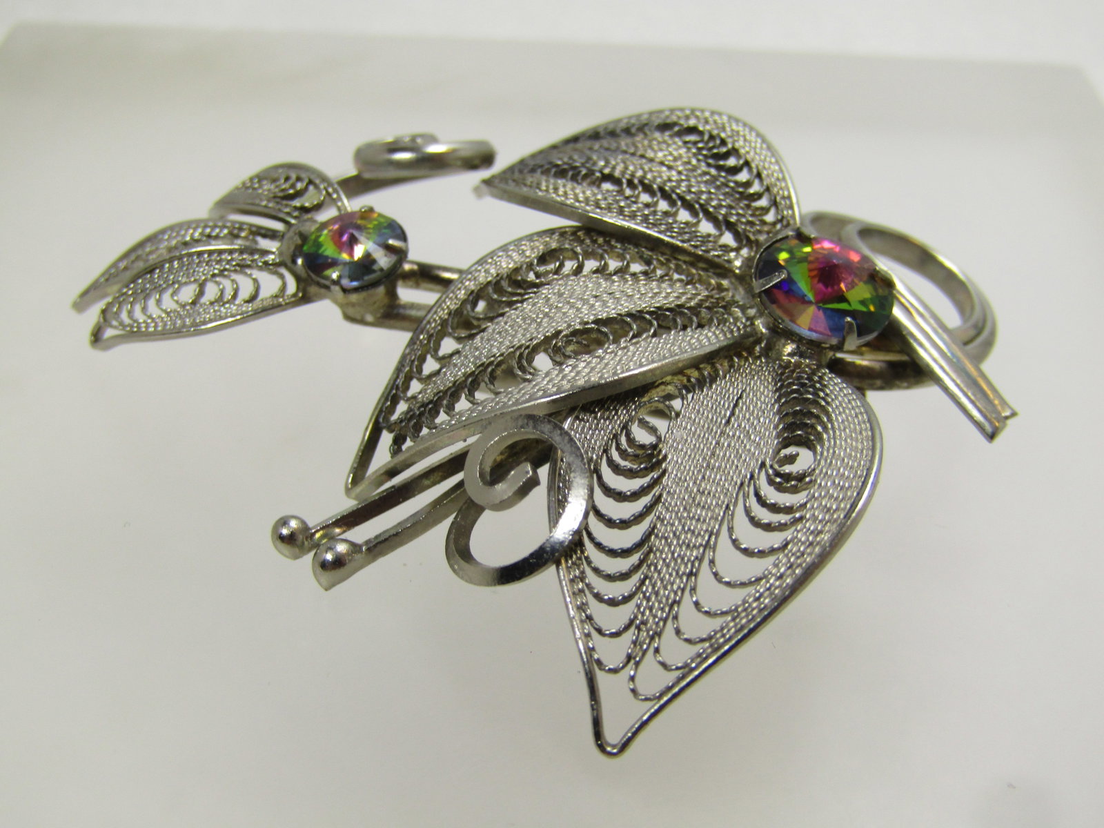 Vintage Silver Tone Filigree Leaf Brooch AB Rhinestones, 1960's-1970's - 5
