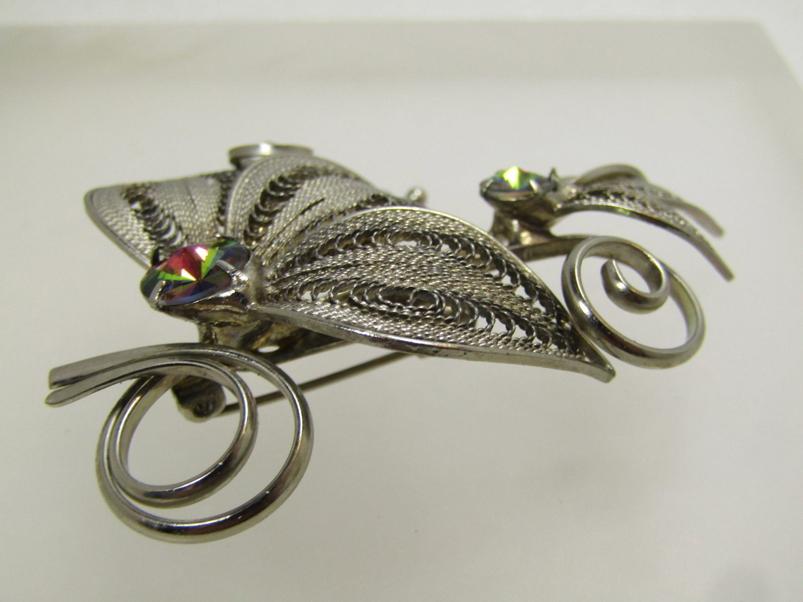 Vintage Silver Tone Filigree Leaf Brooch AB Rhinestones, 1960's-1970's - 6