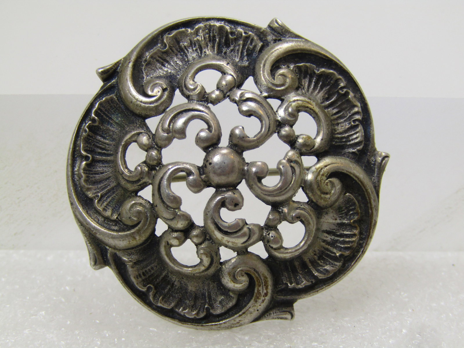 Vintage .835 Silver Spiral Scalloped Brooch, 1940's, Signed: Vintage .835 Silver Spiral Scalloped Brooch, 1940's, Signed with an A. .835 silver was an alloy popularly used in Europe. You often find this mark on antique jewelry and flatware from countries like
