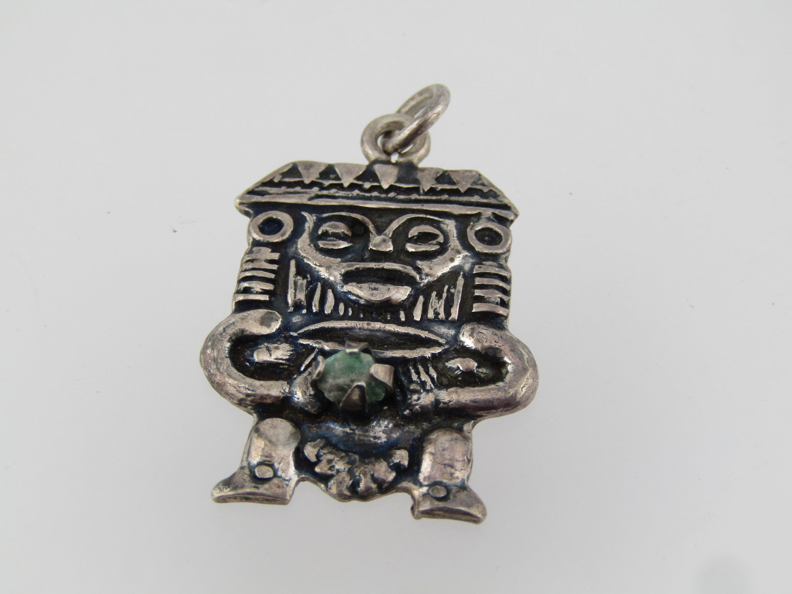 Vintage Sterling Columbian Figural Pendant/Charm, Emerald Stone, 1960's-1970's - 2