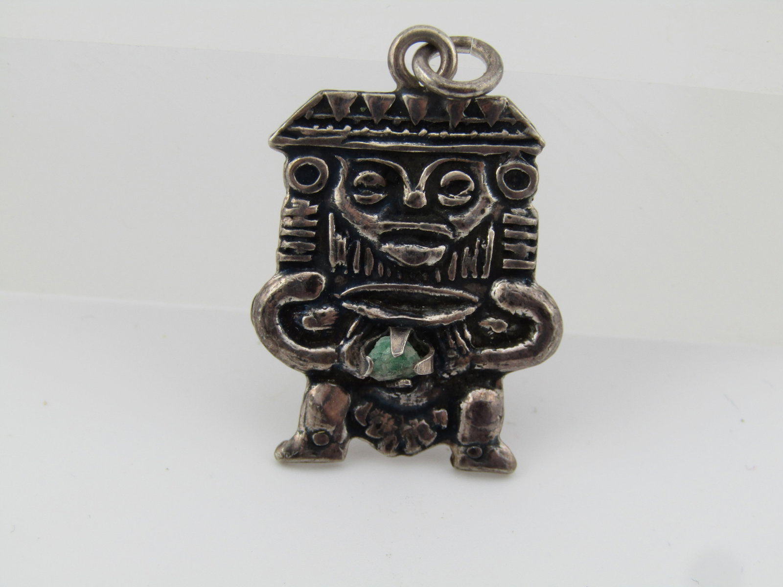 Vintage Sterling Columbian Figural Pendant/Charm, Emerald Stone, 1960's-1970's - 4