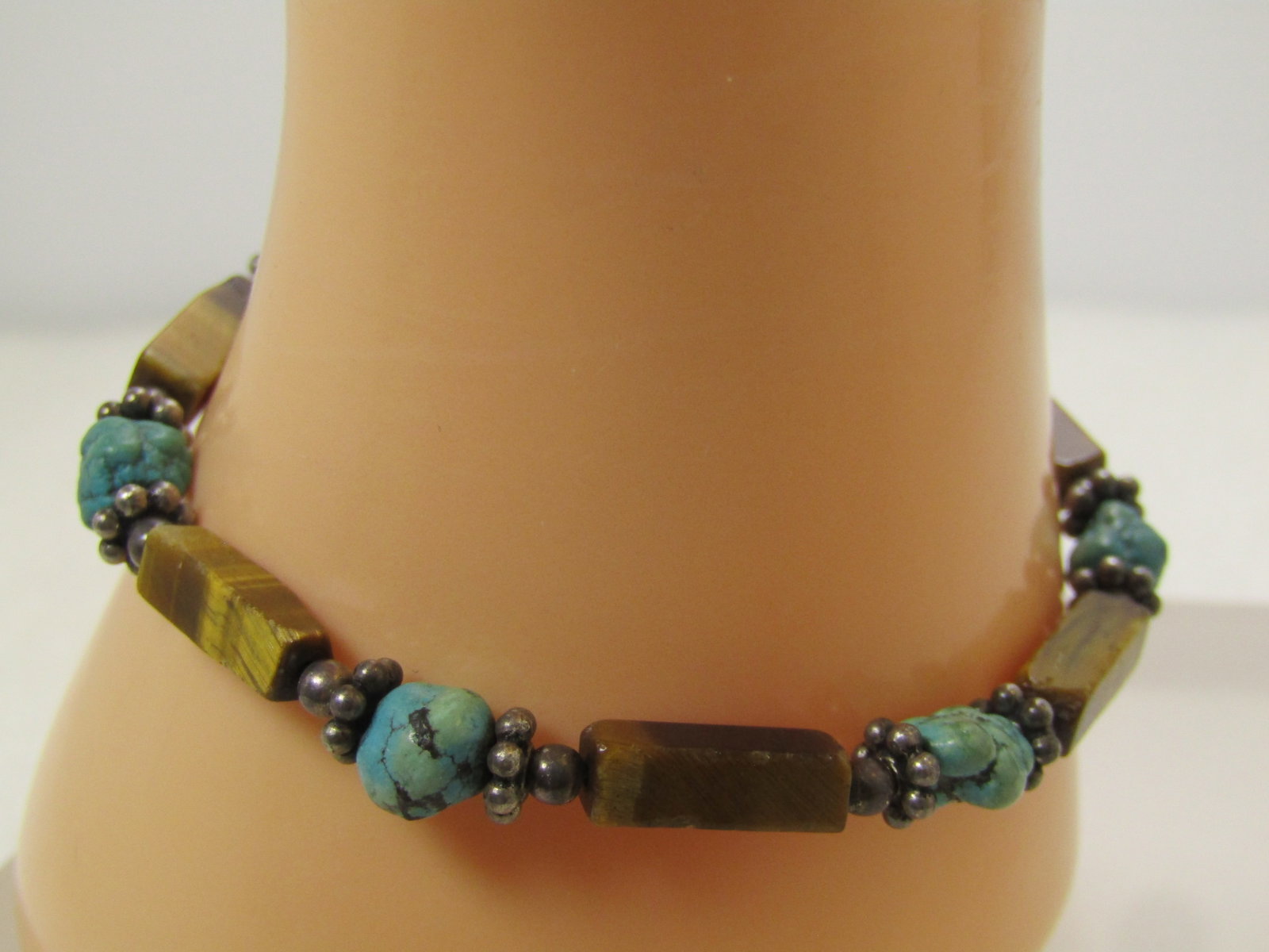Vintage Sterling Southwestern Turquoise Tiger's Eye Bracelet, 7", Toggle Clasp, 1980's-1990's: Vintage Sterling Southwestern Turquoise Tiger's Eye Bracelet, 7", Toggle Clasp, 1980's-1990's. This has square tiger's eye beads that are appx. 12.5mm long and 4mm thick with turquoie nuggets between