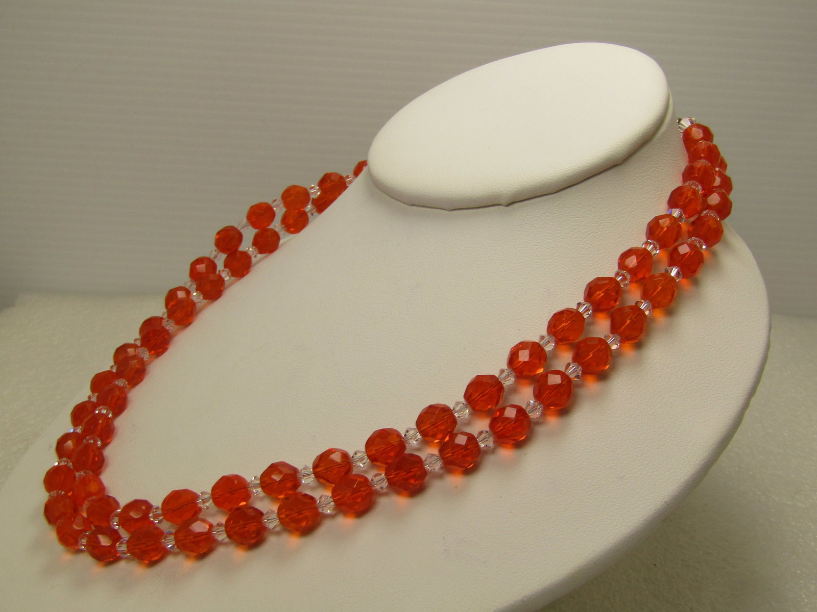 Vintage Orange and Clear Crystal Beaded Necklace, 36" 1980's - 2