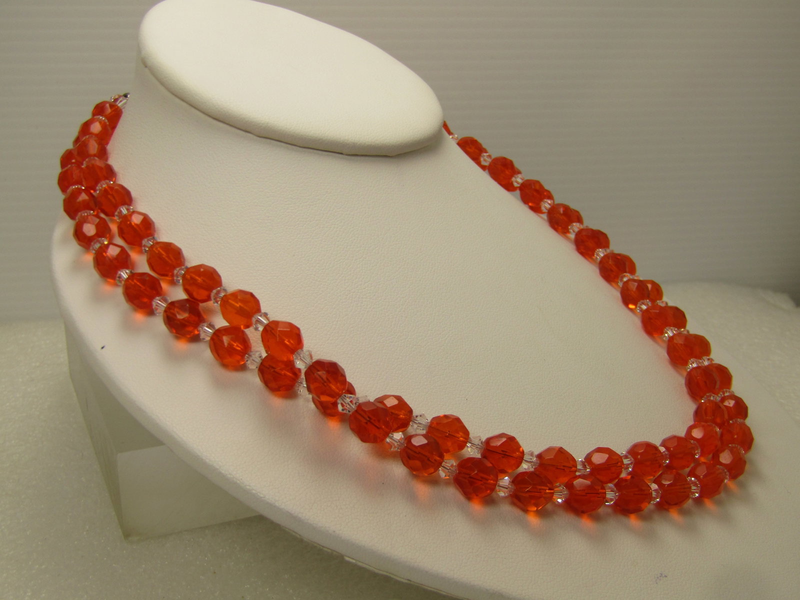 Vintage Orange and Clear Crystal Beaded Necklace, 36" 1980's - 3