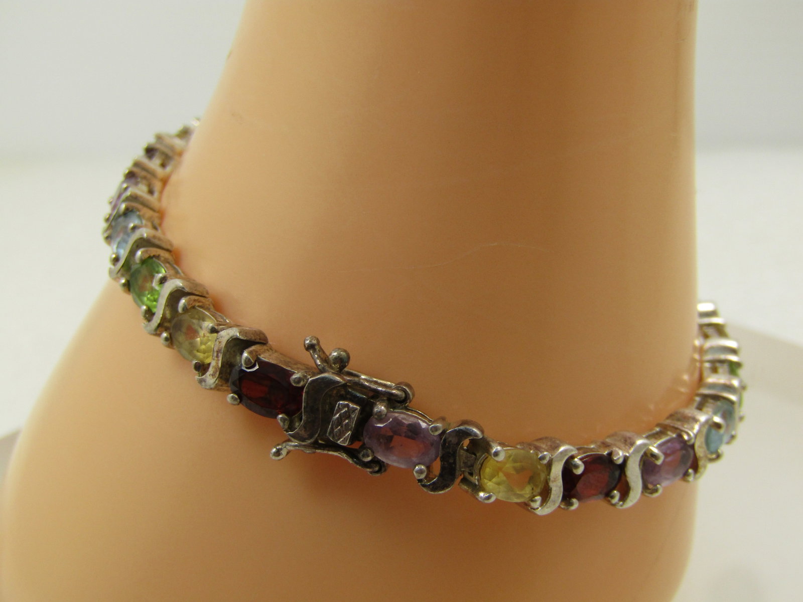 Vintage Sterling Mixed Gemstone Tennis Bracelet, 7.50", Safety Locks, Signed, 1980's - 2