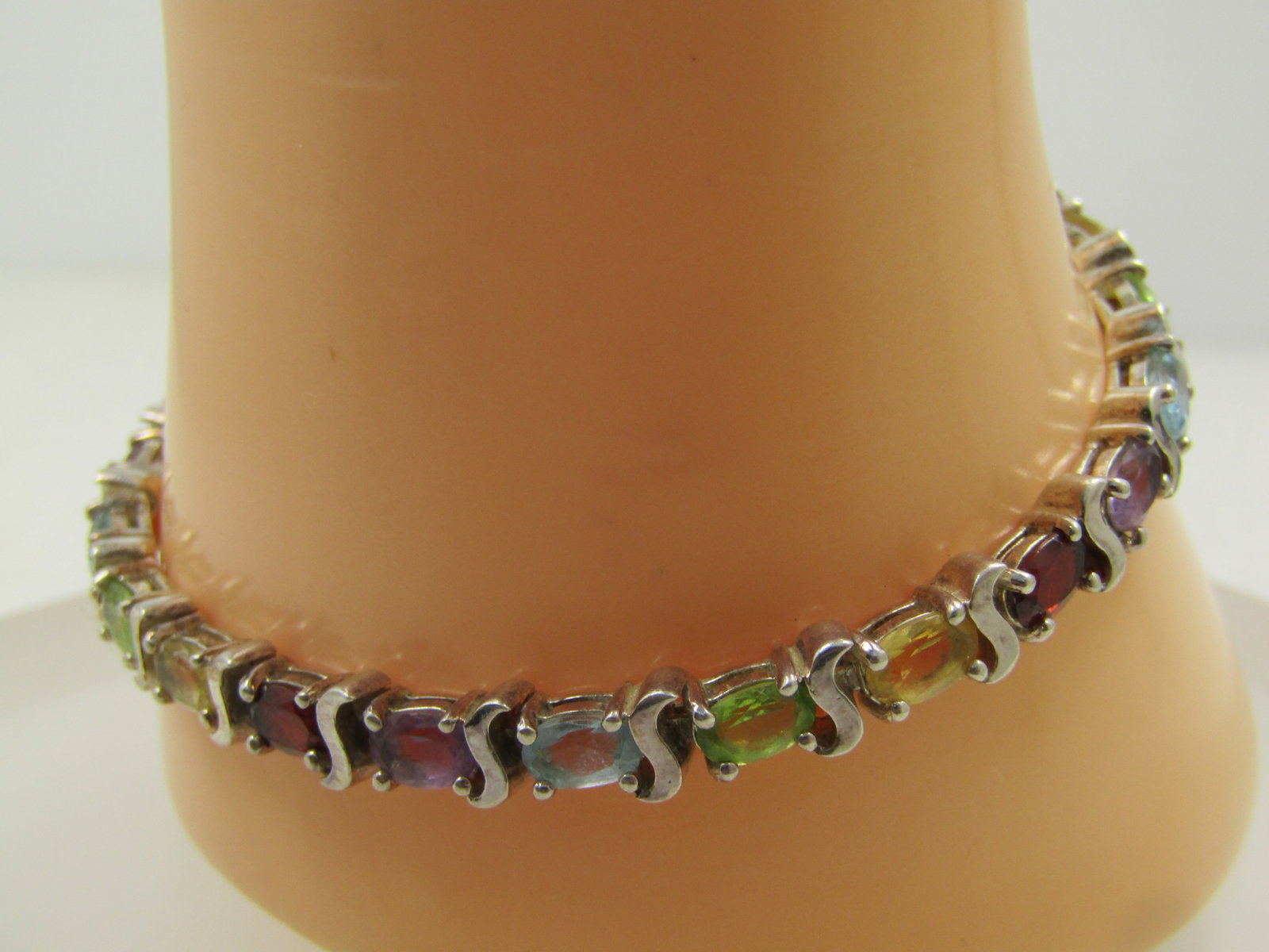 Vintage Sterling Mixed Gemstone Tennis Bracelet, 7.50", Safety Locks, Signed, 1980's - 3