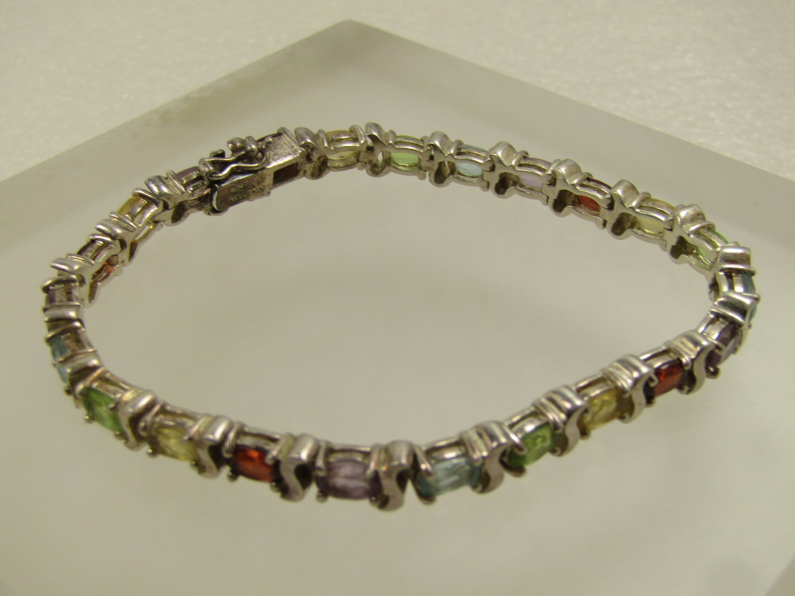 Vintage Sterling Mixed Gemstone Tennis Bracelet, 7.50", Safety Locks, Signed, 1980's - 4