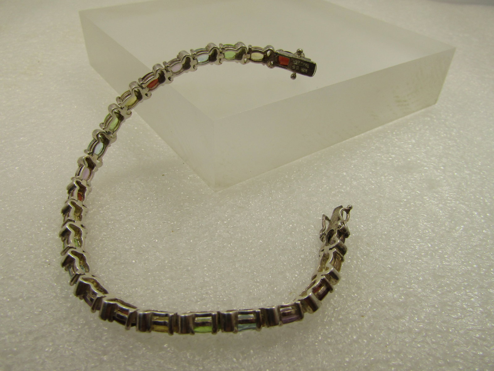 Vintage Sterling Mixed Gemstone Tennis Bracelet, 7.50", Safety Locks, Signed, 1980's - 6