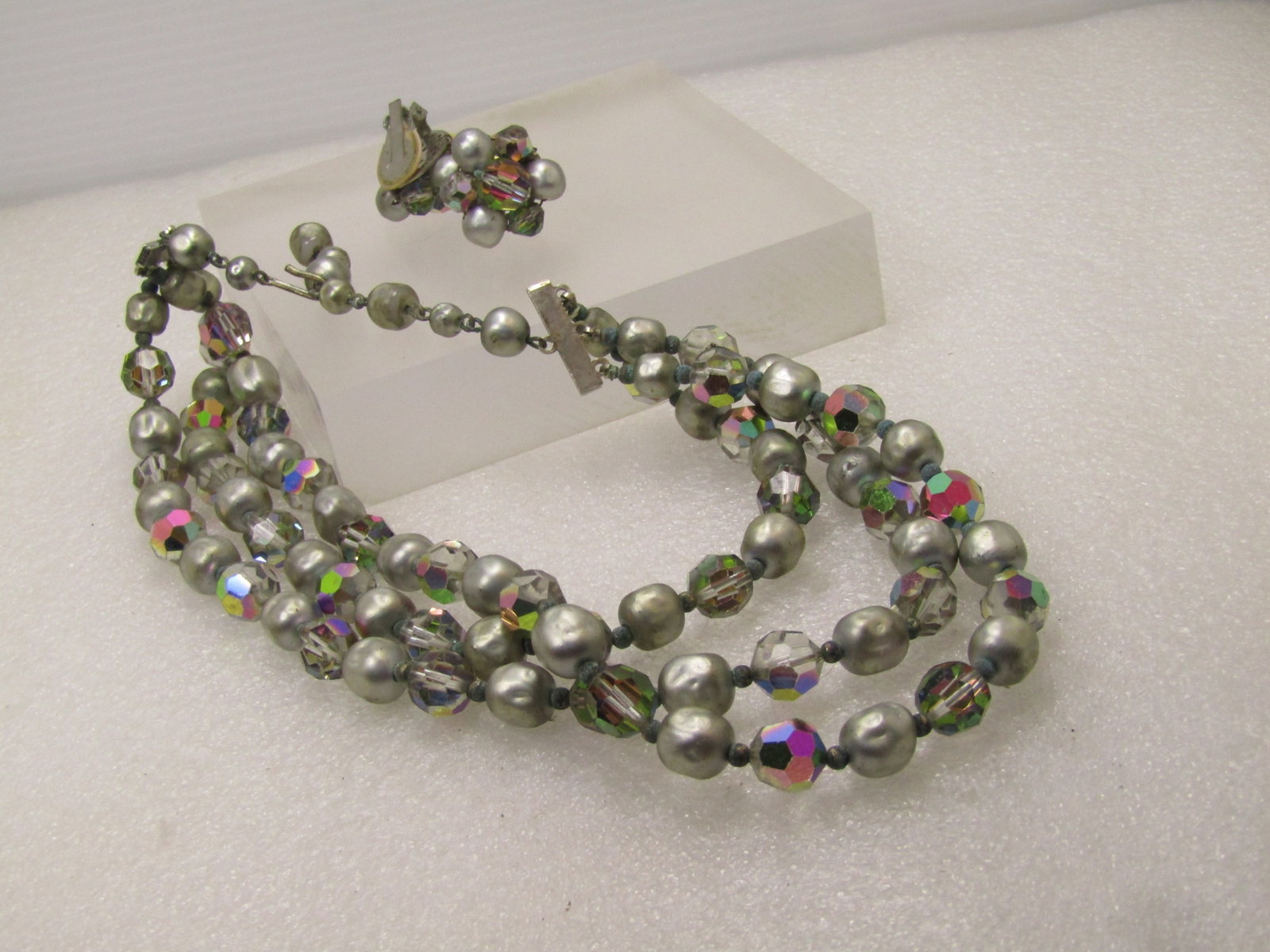 Vintage AB Crystal and Silver Beaded Necklace and Earrings, Triple strand, 1940's - 5