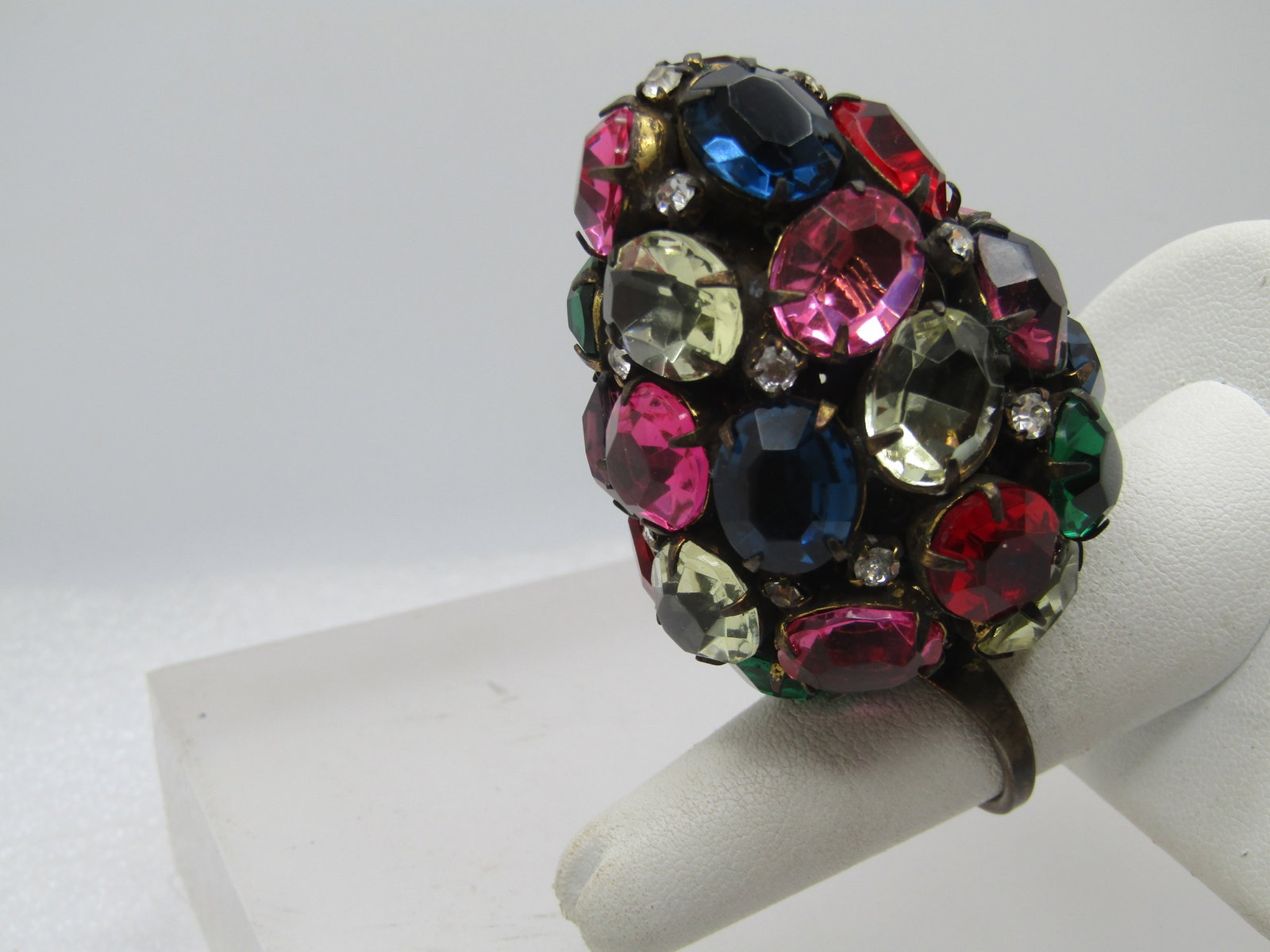 Vintage Uranium Glass and Rhinestone Cluster Ring, Adjustage, Huge Cluster, 1940's - 3