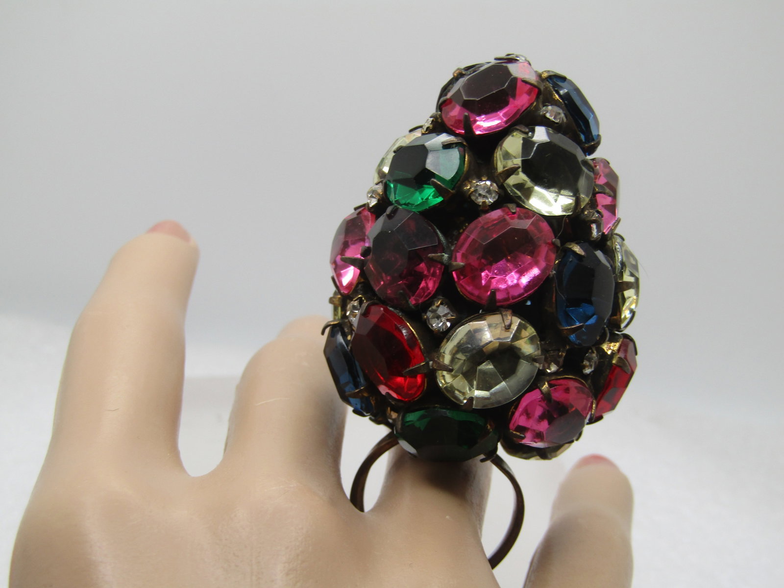 Vintage Uranium Glass and Rhinestone Cluster Ring, Adjustage, Huge Cluster, 1940's - 4