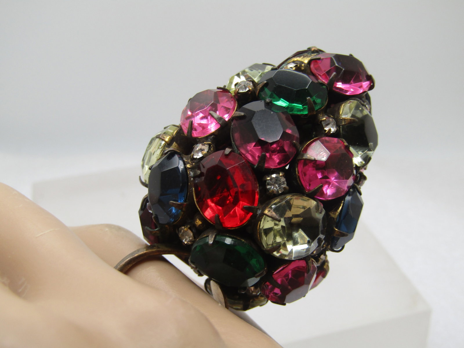 Vintage Uranium Glass and Rhinestone Cluster Ring, Adjustage, Huge Cluster, 1940's - 5
