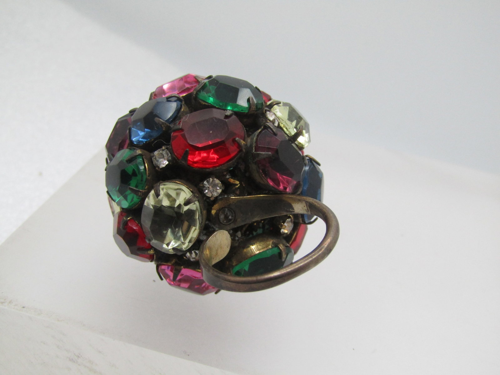 Vintage Uranium Glass and Rhinestone Cluster Ring, Adjustage, Huge Cluster, 1940's - 6