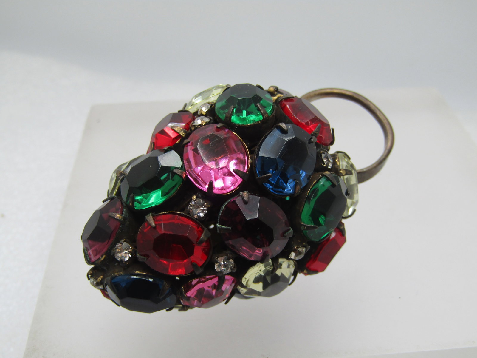 Vintage Uranium Glass and Rhinestone Cluster Ring, Adjustage, Huge Cluster, 1940's - 7