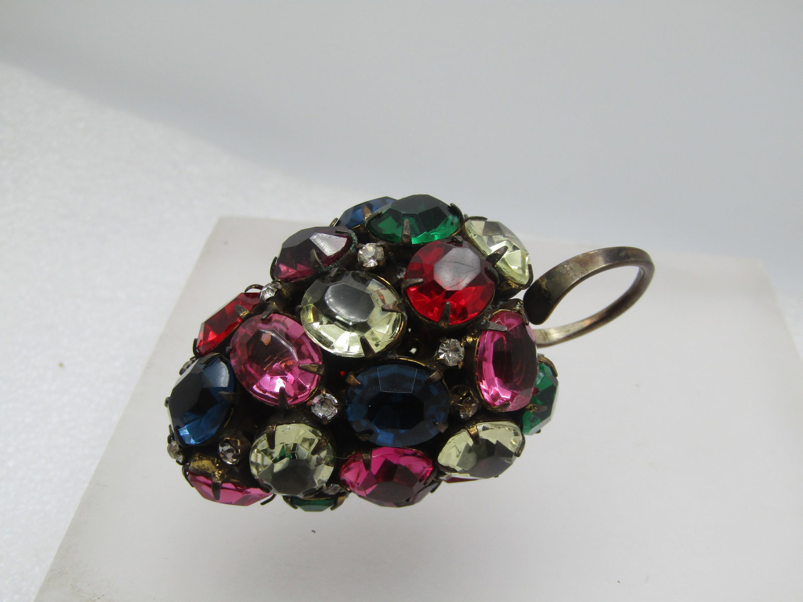 Vintage Uranium Glass and Rhinestone Cluster Ring, Adjustage, Huge Cluster, 1940's - 8