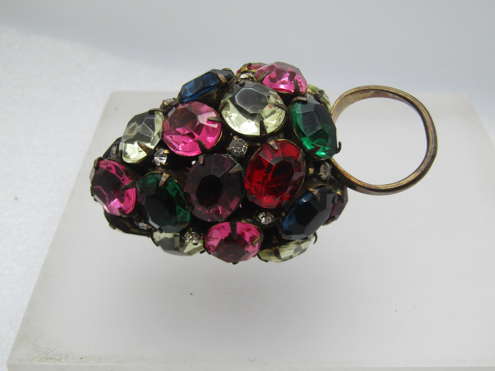 Vintage Uranium Glass and Rhinestone Cluster Ring, Adjustage, Huge Cluster, 1940's - 9
