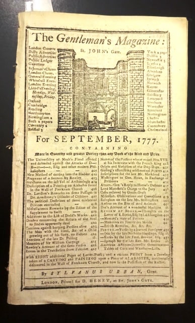 1777 Magazine Surrender of Fort Ticonderoga: The September 1777 issue of the Gentlemen's Magazine printed at London by Sylvanus Urban, 56 pages and two engraved plates. Important Revolutionary War content in this issue including letters of