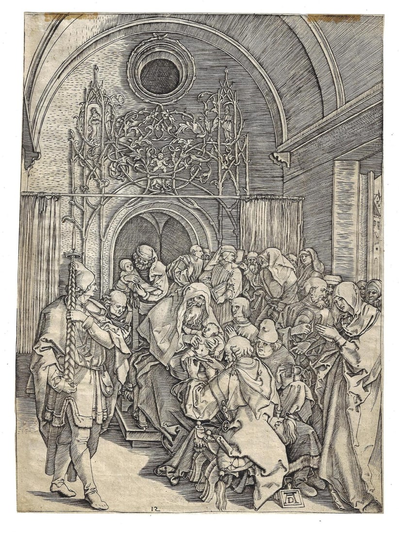 1520 Raimondi Engraving After Albrecht Durer Life of the Virgin: The Circumcision after Albrecht Durer (1471-1528) by Marcantonio Raimondi (1480-1534) from the series "The Life of the Virgin", originally printed circa 1504. This copy made by Raimondi circa 1511-152