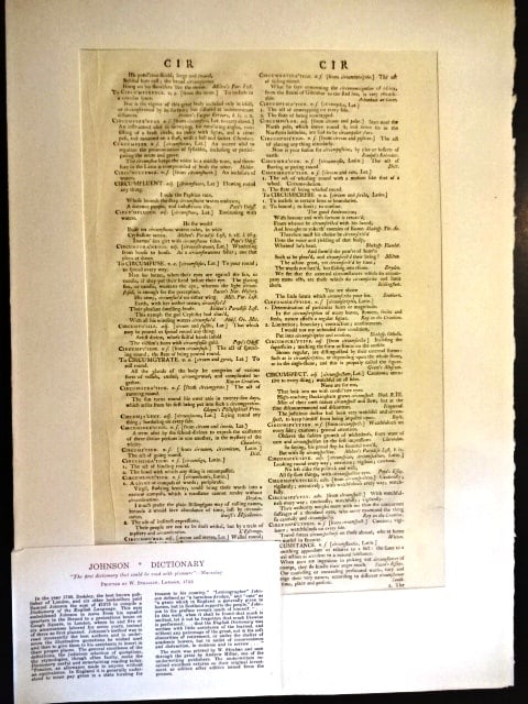 1755 Leaf A Dictionary of the English Language: A leaf from “The Dictionary of the English Language…”, by Samuel Johnson printed by W Stahan and Andrew Millar (and others0, London 1755. This leaf was compiled by Otto Ege in the 1920s in