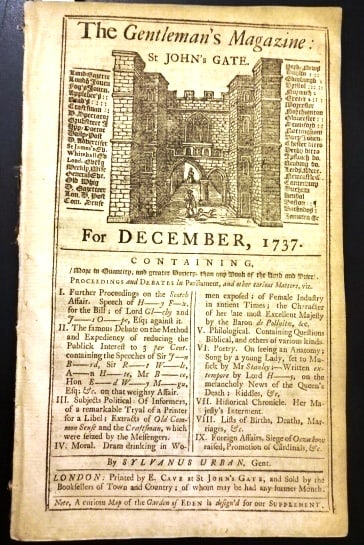 1737 Magazine Zenger Trial New York: The December 1737 issue of Gentlemen's Magazine printed at London followed by the Supplement for the year 1737 and the index. Printed at London by Sylvanus Urban and E Cave, 124 pages plus index. The
