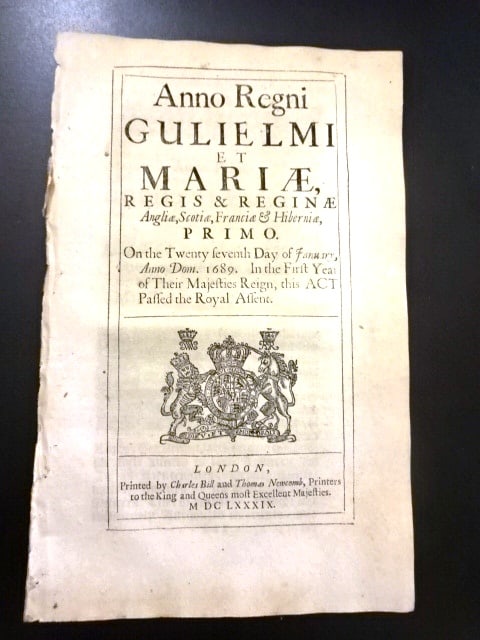 1689 English Act Reign of William and Mary: An English act from the reign of William and Mary passed in 1689 and printed here 1689 by Charles Bill and Thomas Newcomb at London, being “An Act for preventing vexatious suits against such as