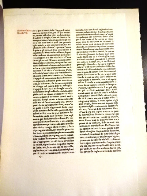 Ashendene Press Fine Printed Leaf Decameron: A beautifully printed leaf from Boccacio’s “Decameron” printed at the Ashendene Press, Chelsea, 1920. The leaf is from a collection compiled by Otto Ege for his portfolio of famous leaves