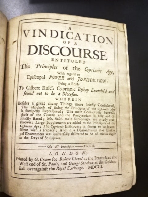 1701 Leather Espiscopal Discourse John Sage: “A Vindication of a Discourse intituled the Principles of the Cyprianic Age with regard to Episcopal power and jurisdiction…. “, by John Sage, printed at London by G Croom for Robert Clavel