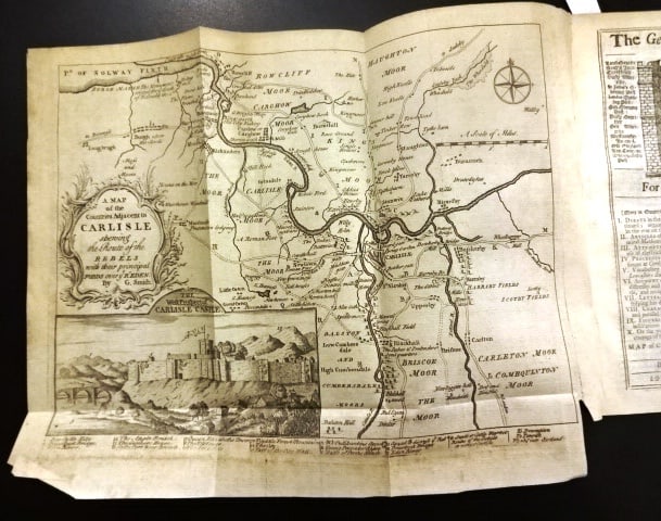 1746 Magazine Map of Carlisle Rebellion: The October 1746 issue of Gentlemen's Magazine printed at London by Sylvanus Urban 48 pages. Features a folding map “of the country's adjacent to Carlisle shewing the route of the rebels with their