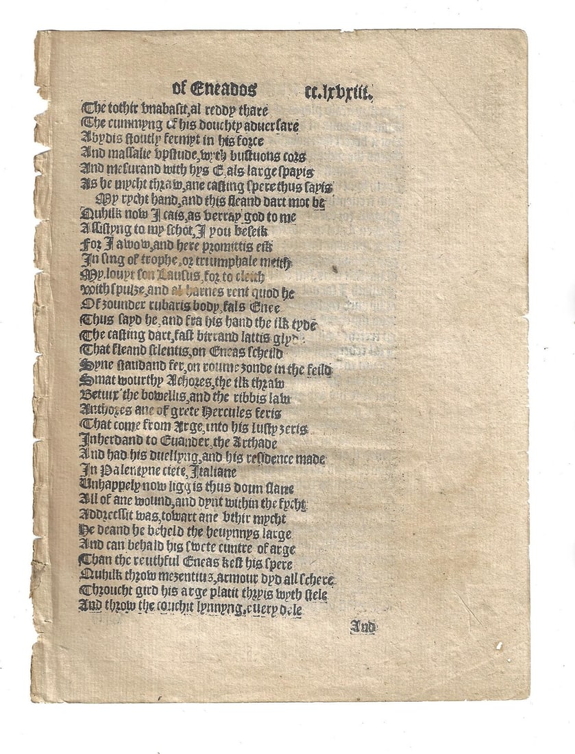 1553 Leaf Scot English The Aeneid: Rare leaf from the translation of the Aeneid by Virgil into Scot's English by Gavin Douglass, printed at London 1553. The leaf from the Tenth Booke, folio cclxvxiii. Fine condition, measures 6 x
