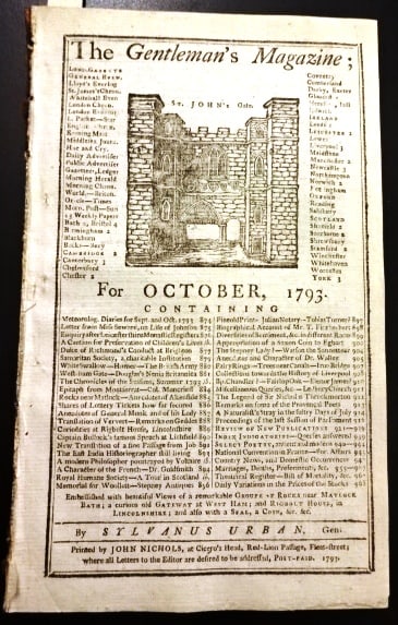 1793 Magazine Marie Antoinette Guillotined: The October 1793 issue of the Gentleman's Magazine printed at London by Sylvanus Urban, 96 pages and four engraved plates. Contains the account of the guillotine of Marie Antoinette at Paris as well