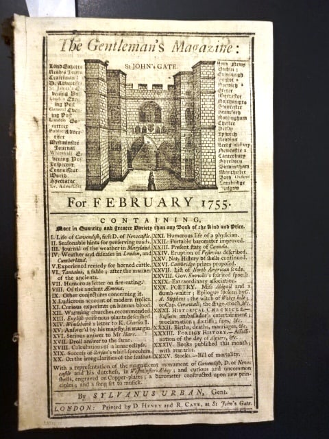 1755 Gentlemans Magazine Colonial America Canada: The February 1755 issue of "The Gentleman's Magazine", printed at London by Sylvanus Urban, 48 pages and two engraved plates one of a monument and the other of shells. Interesting Colonial content