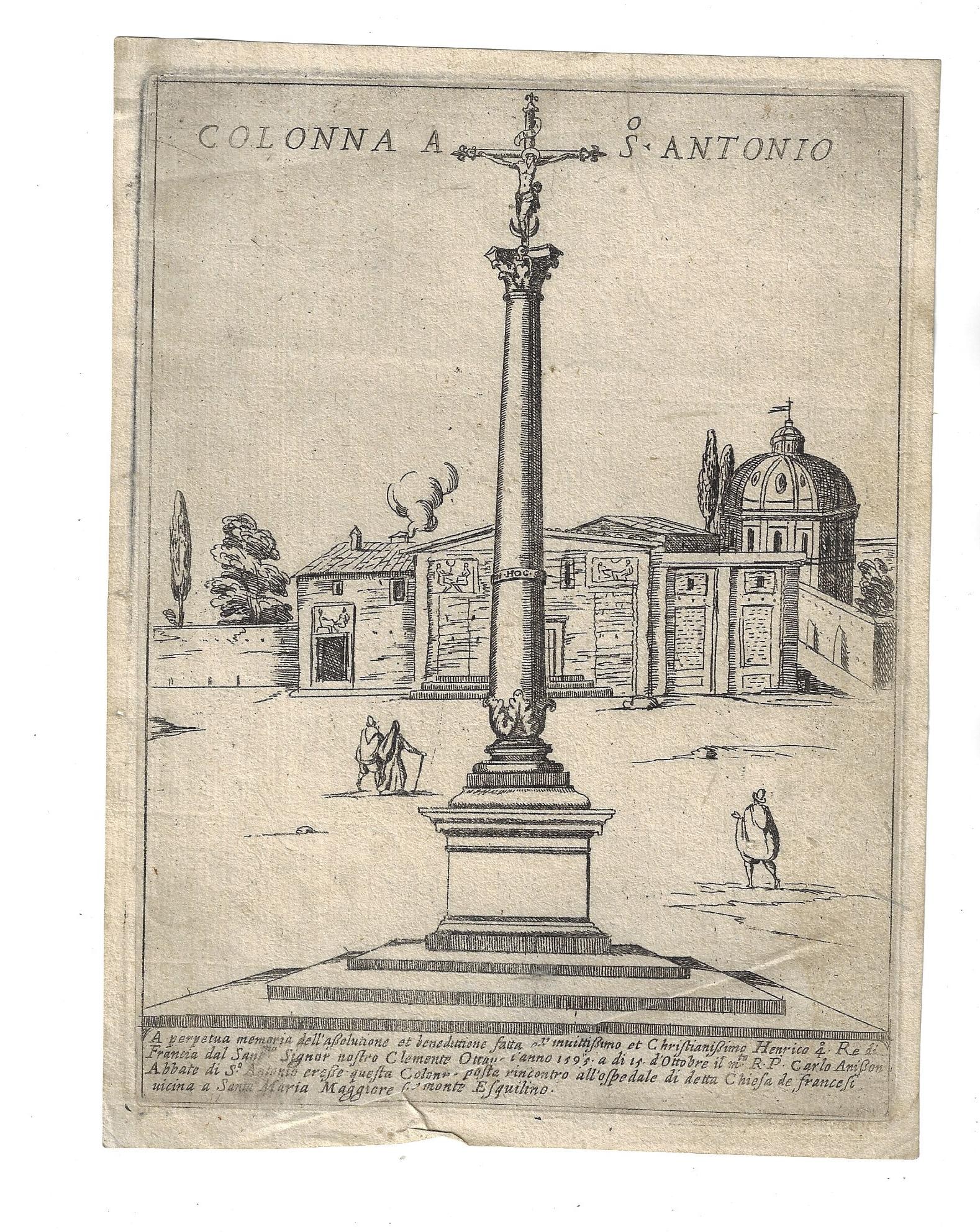 1650 Engraving Colonna St Antonio Rome: An engraving circa 1650 of the "Colonna A S Antonio" at Rome engraved by Giovani Maggi. Very Good, crease at lower portion. Measures 6 x 8". Reserve: $40.00 Shipping: Domestic: Flat-rate of $15.00 to