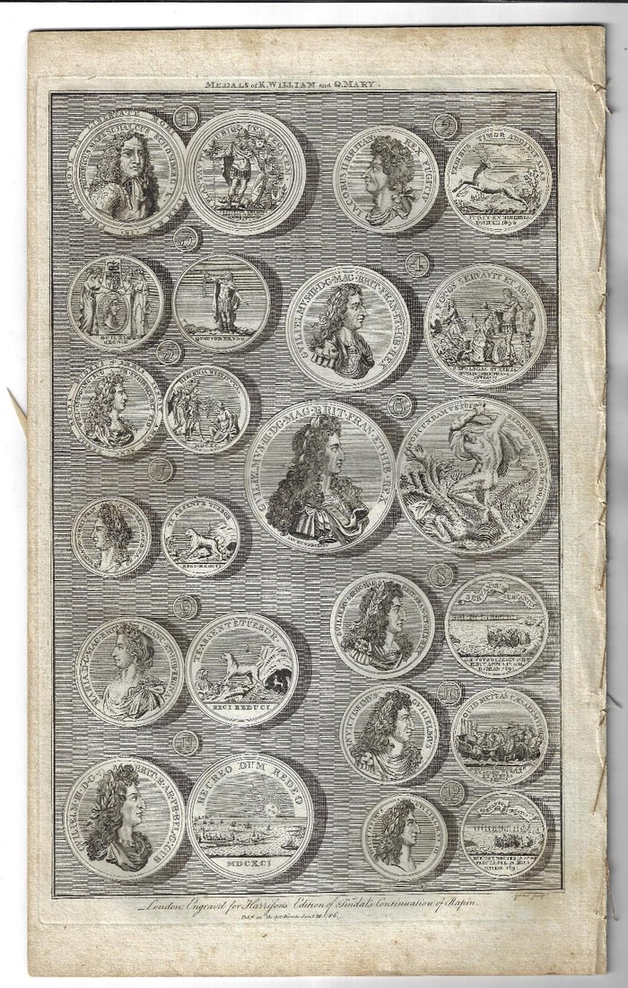 1786 Ten Engravings English Medallions William and Mary: TEN fine engravings on ten leaves, bound together, showing the medals from the reign of William and Mary. Printed at London and engraved for Harrison's edition of Tindal's Continuation of Rapin,