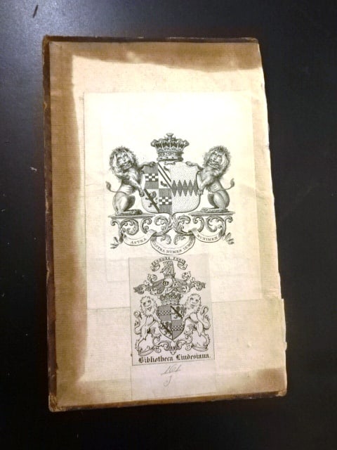 18th C Book Board Bookplates: An 18th century leather book board with two 18th century bookplates. Very Good, measures 5 x 8" Reserve: $30.00 Shipping: Domestic: Flat-rate of $15.00 to anywhere within the contiguous U.S. Internati