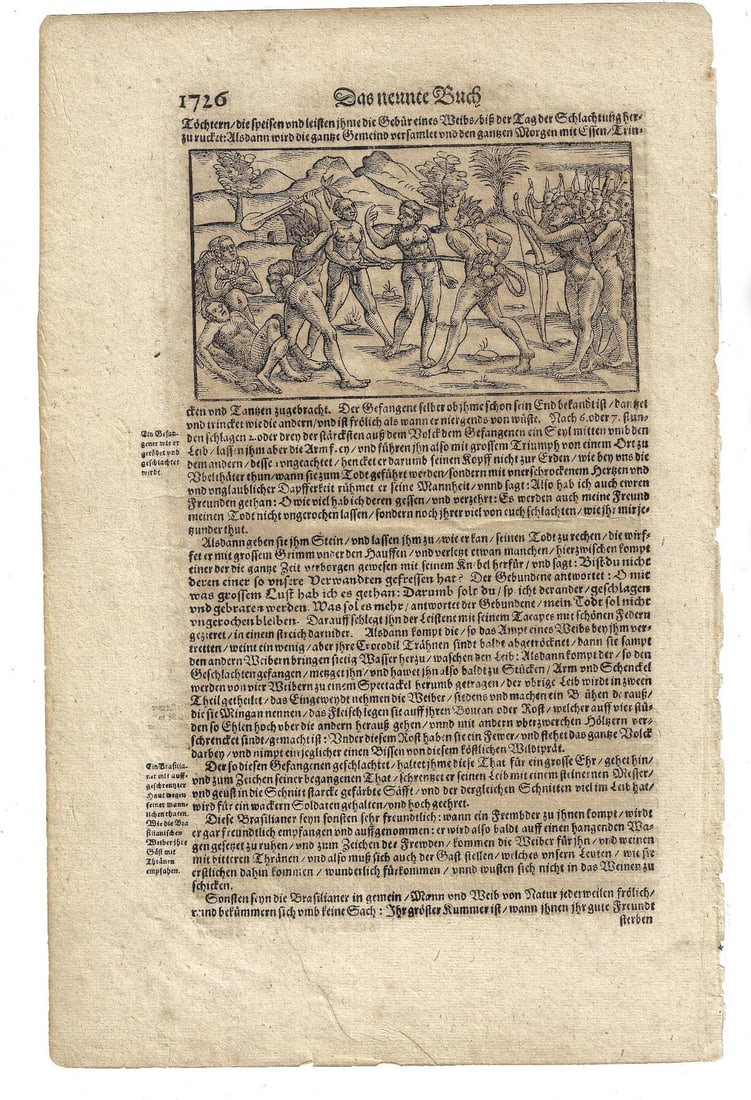 1628 Munster Cosmography Leaf Woodcuts Brazil: A leaf with two engravings, one each side, depicting the indians of Brazil in America. From a work by Sebastian Munster circa 1628. Fine condition with mounting traces at left margin. German text.