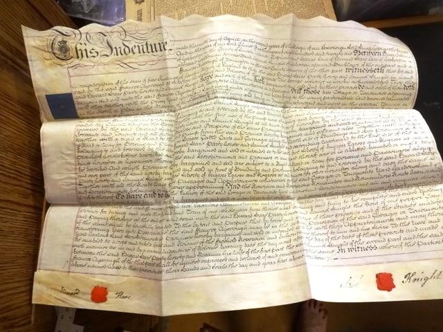 1821 Large English Vellum Indenture Seals: Handwritten English vellum indenture dated 1821 being the conveyance of property in Donnington in the county of Lincoln between a Grazier, a Brick layer and a Spinster, Fancy printed vignette nicely