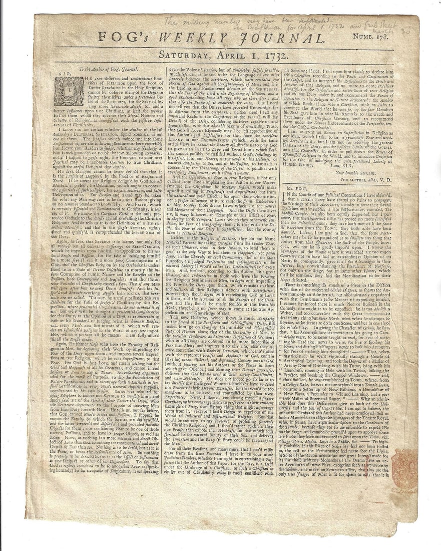 1732 Issue Fogs Weekly Journal Quack Medicine: The April 1, 1732 issue of Fog’s Weekly Journal printed at London by J. Purser, four pages complete including partial red text stamp at bottom right of front page. Much interesting commentary on
