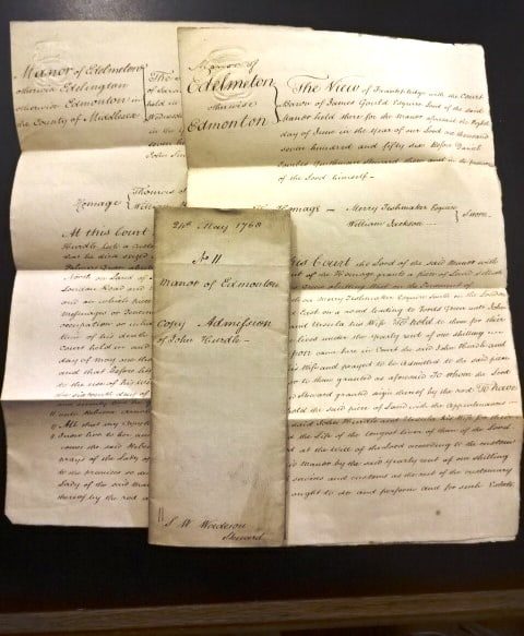 1756 Three Manuscript manor Documents Edmonton Middlesex: A lot of three manuscript documents being copies of admissions to the manor of Edmonton in the county of Middlesex dated 1756, 1768, and 1774. On paper, each nicely pened with embosed revenue stamps