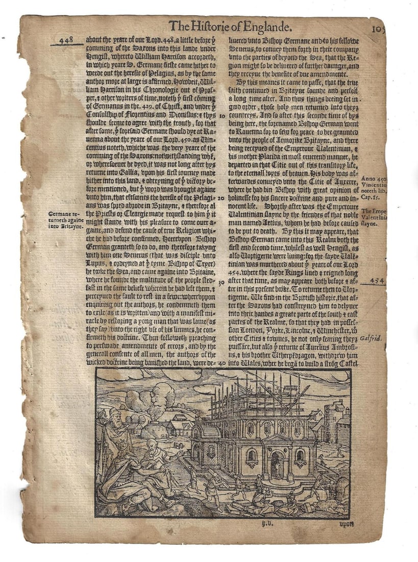 1577 Leaf Holinshead English Castle: A leaf from the Historie of Englande, by Raphael Holinshed, printed at London in 1577. Woodcuts each side, including contrution of a castle and on verso a castle being set on fire, illustrating early