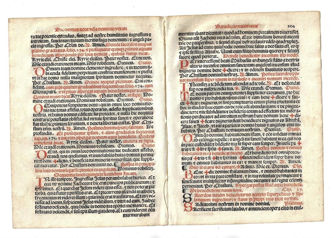 1567 Bifolium Catholic Prayers Red and Black: A beautiful bifolium of two joined leaves from the Catholic prayerbook "Sacerdotale ad Consuetudenim Sacro Sancte..", printed at Venice by Petri Leictenstein, 1567. In red and black in Fine