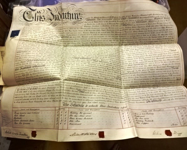 1858 Large Beautiful Vellum Indenture Somerset: Large beautifully penned English vellum indenture dated 1858 being the conveyance of property in Winford in the county of Somerset between a Reverend Taunton to a Merchant of Bristol. Large fancy