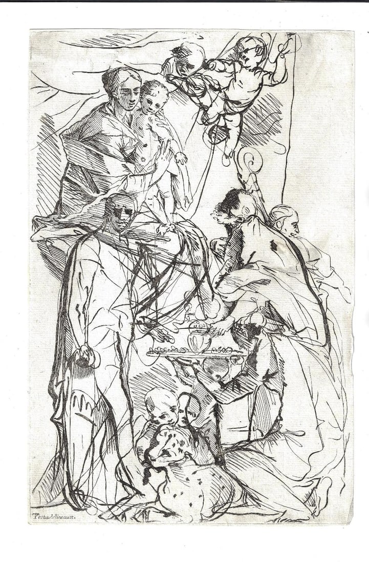 18th C Pietro Testa Adoration: An unusual engraving after a drawing of Pietro Testa (1612-1650) printed mid to latter 18th century on laid paper. Fine condition, measures 8.5 x 13". Similar engraving held by Metropitan Museum of Ar
