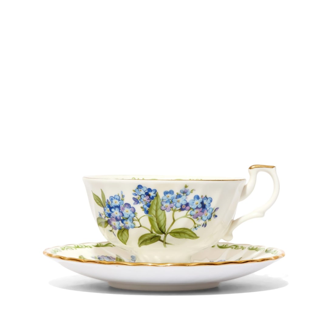 Fine Bone China Teacup and Saucer: Made in England, this teacup and saucer feature floral spray of Forget-Me-Nots, the birth flower for July. Marked "HUDSON MIDDLETON" Disclaimer: This item is offered for sale as a pre-owned, vintage,
