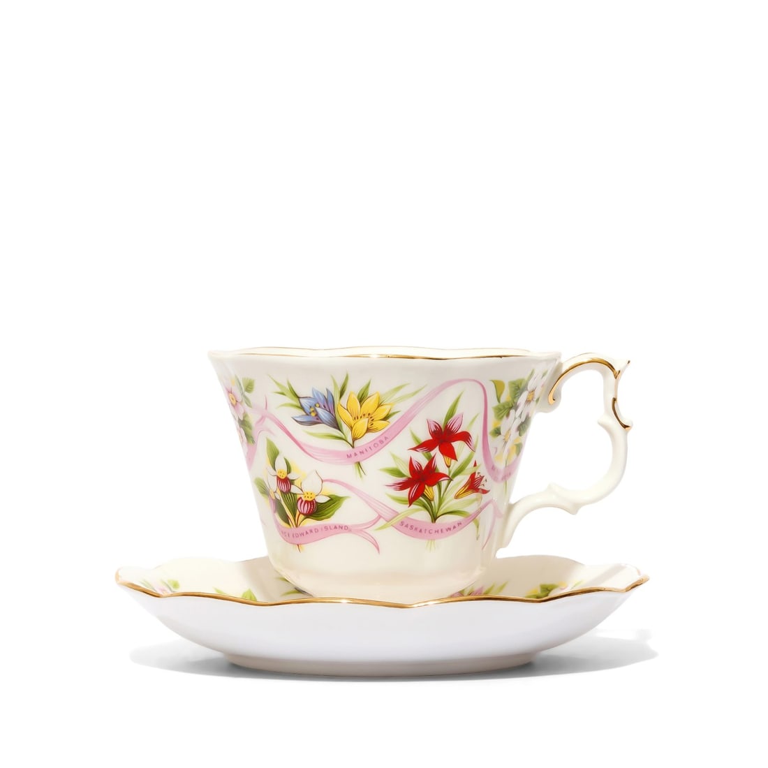 Bone Chine Teacup and Saucer: Bone china set adorned with a floral motif, showcasing various Canadian provinces and territories intertwined with a pink ribbon. The interior of the teacup features a miniature Canadian flag. Marked